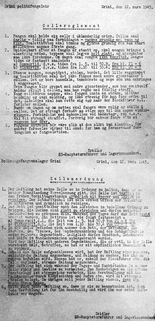 Cellereglement fra 1943, underskrevet av hauptsturmführer og leirkommandent Alfred Zeidler.
