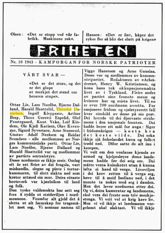 Friheten Den illegale avisen Friheten.